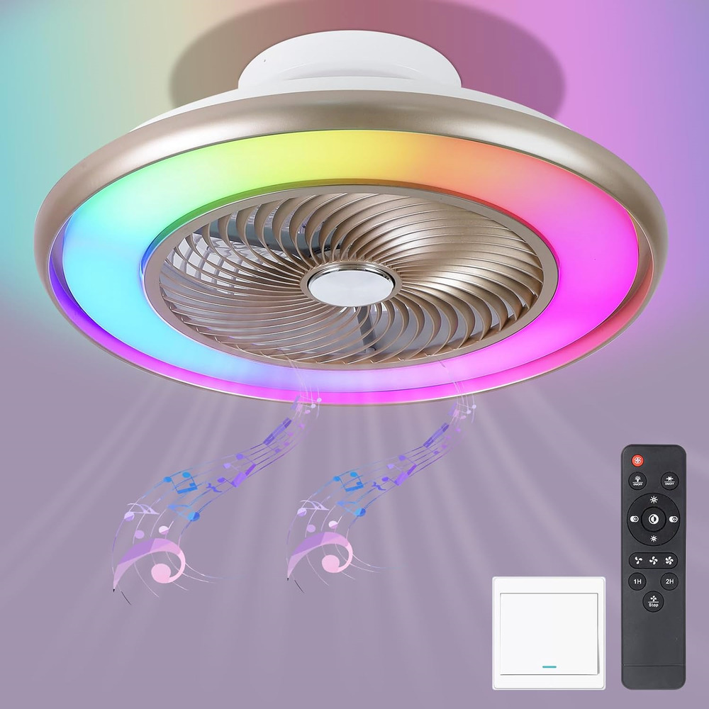 22"Bladeless Low Profile Ceiling fans With Lights and Remote, Modern Flush Mount